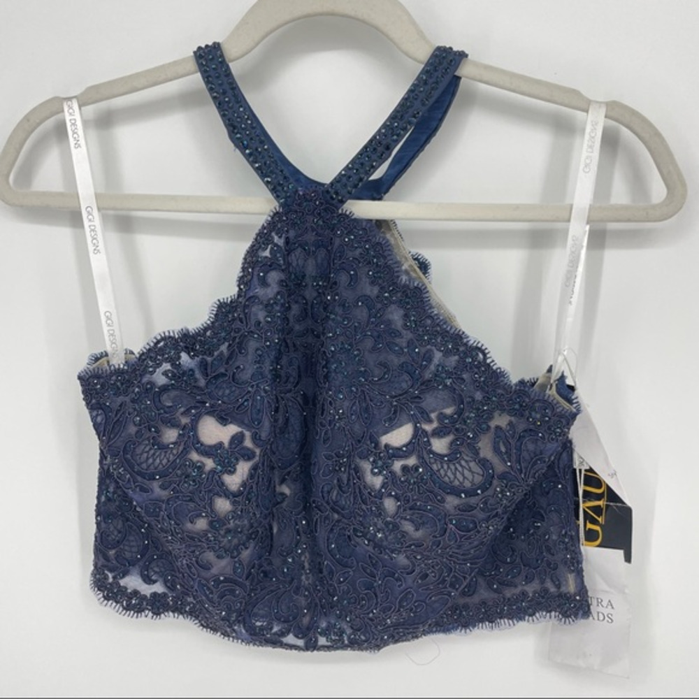 Gautier formal top sheer Navy Blue sequins Sz 8‎